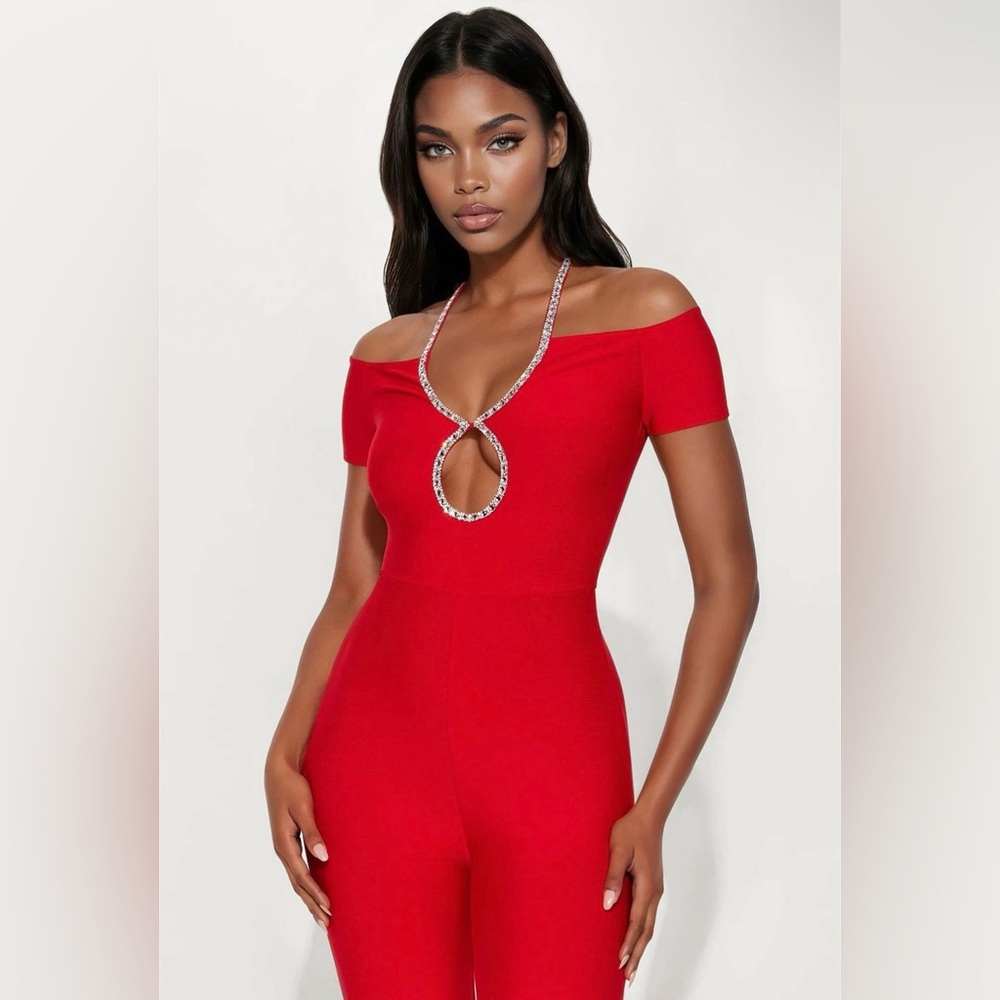 Red Off-Shoulder Jumpsuit with Rhinestone Detail - Picture 2 of 5